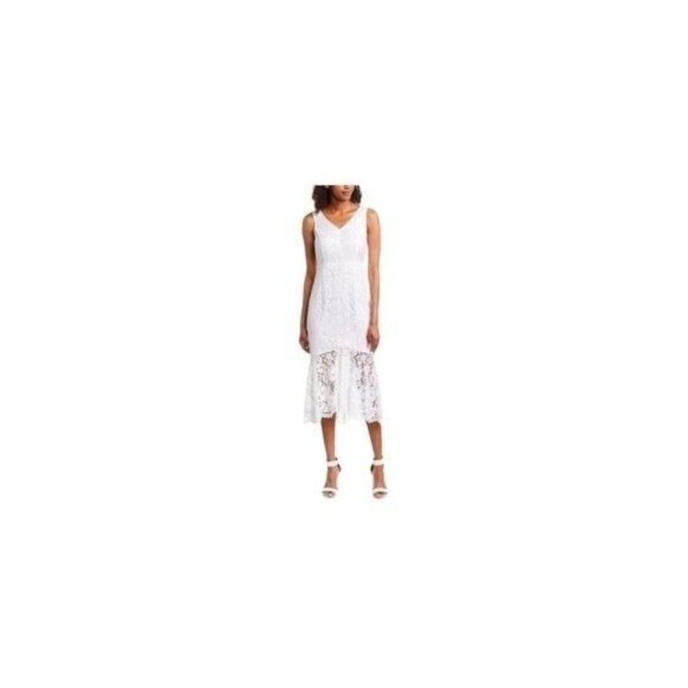 Nanette Lepore Womens V-neck Optic White Mermaid Lace‎ Midi Dress  SZ 2